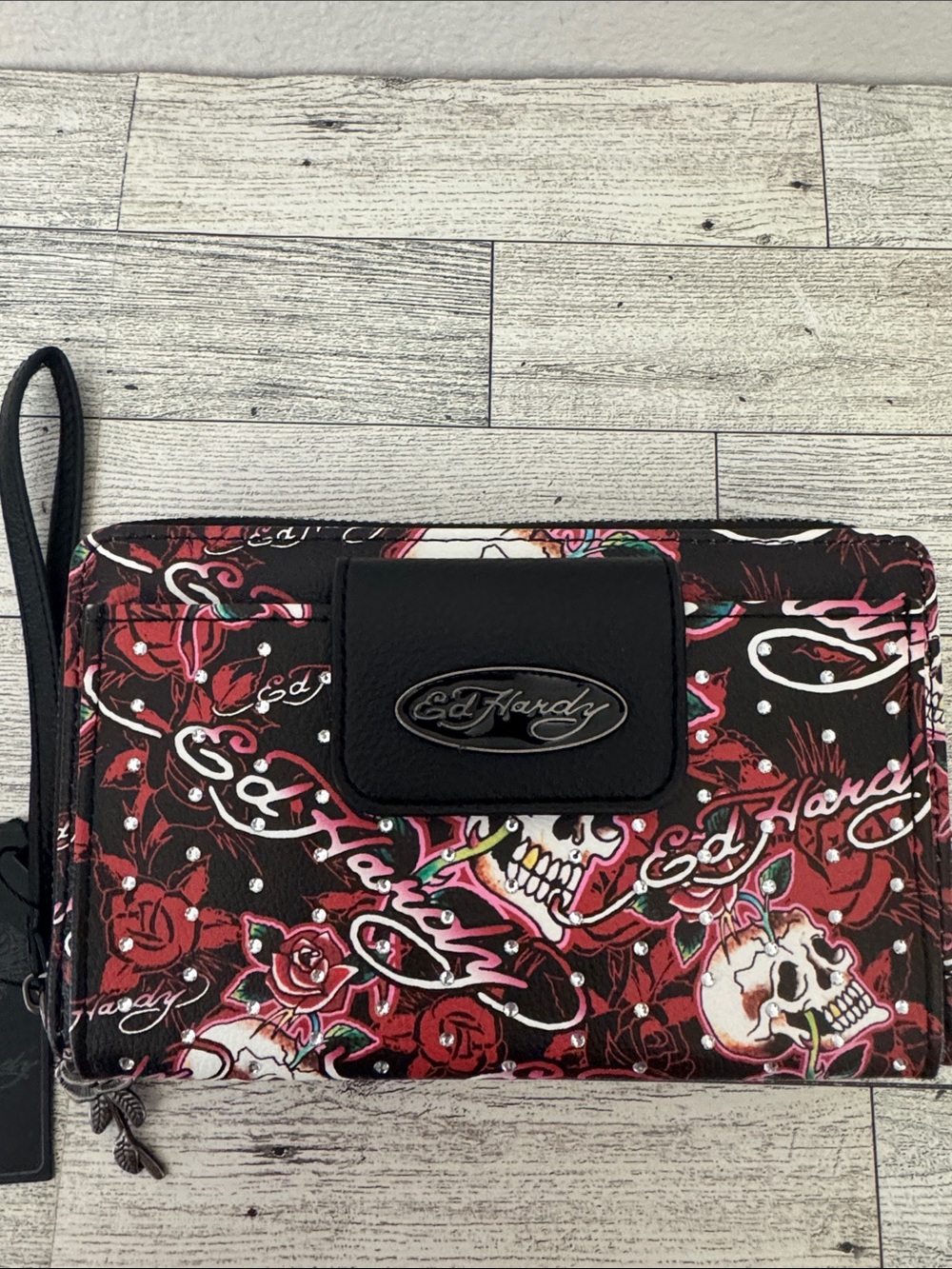Ed Hardy Red Black Skull Rose Wristlet Clutch